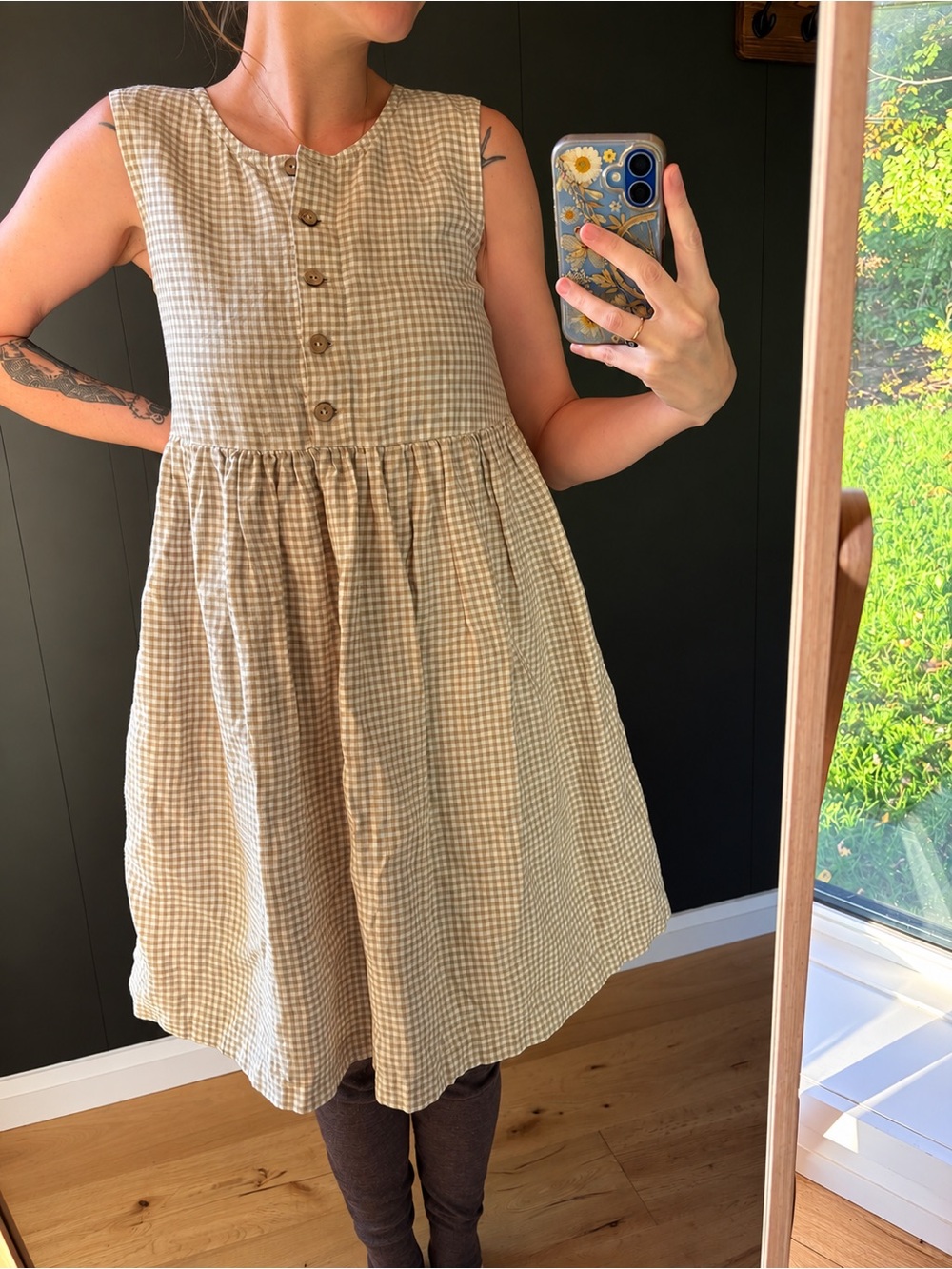Not Perfect Linen - MAMA Midi Dress - Beige & White Gingham - Size XS